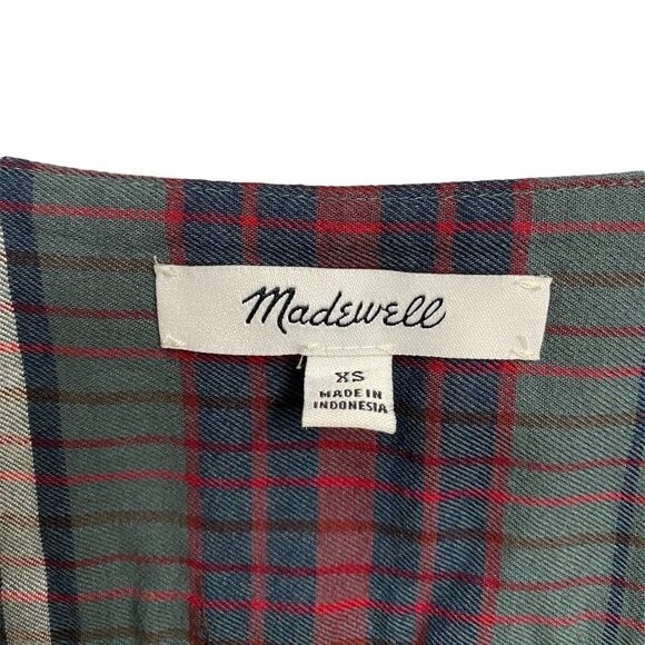 Madewell V-Neck Button-Down Shirt Sz XS Green White Plaid Cotton Neutral Earthy - Picture 11 of 14